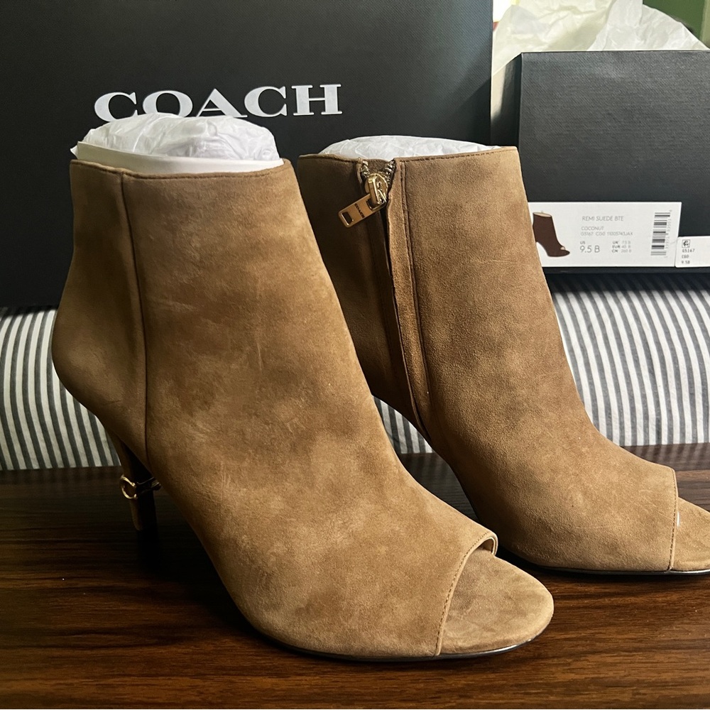 Coach Tan Heeled Boots with Peep-Toe Design